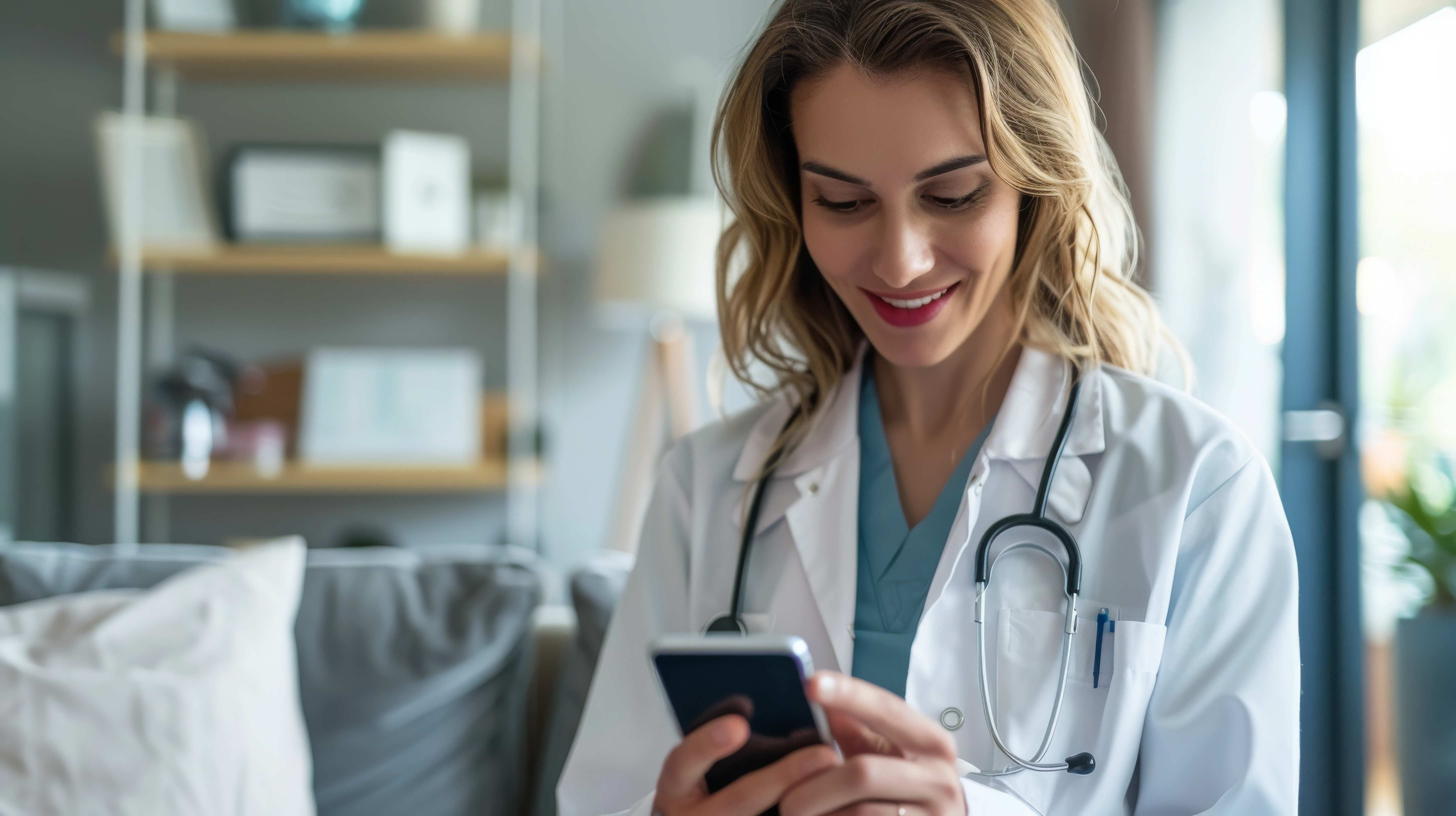 Médica sorrindo usando smartphone