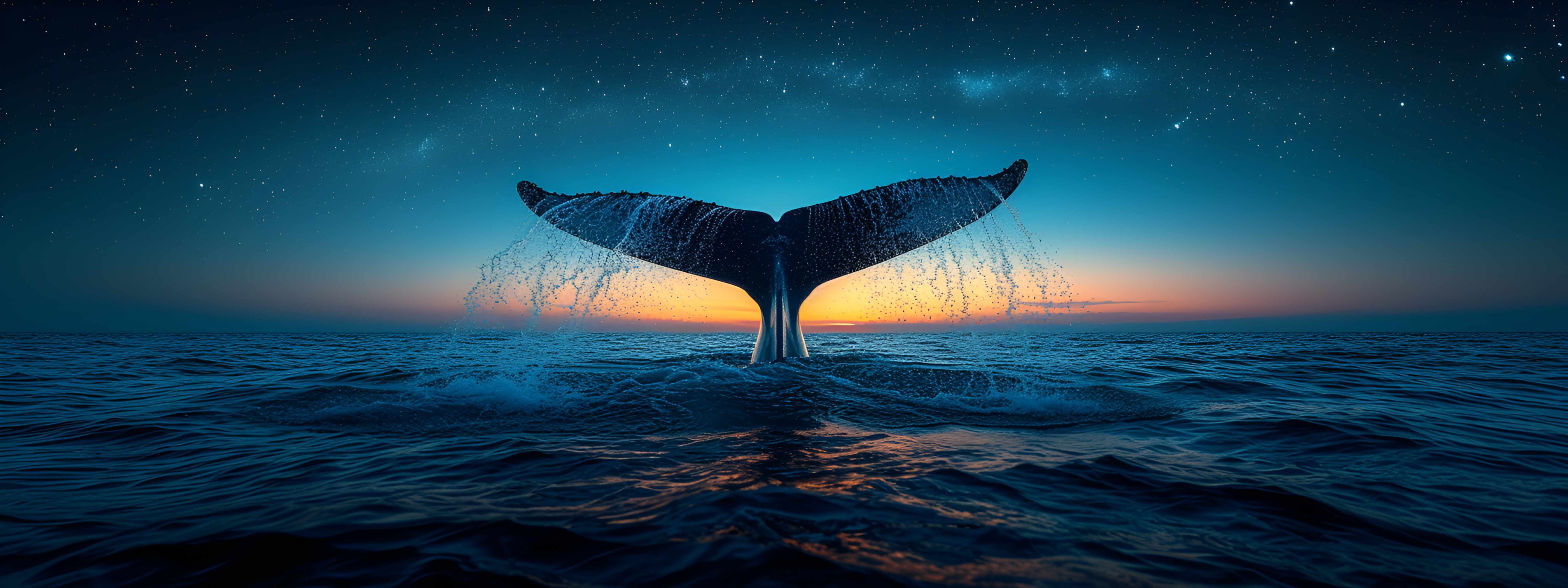 Whale tail emerging from ocean at sunset